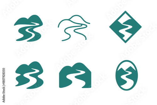 River Logo Variations. Nature. Icon set. Set Logo of nature: flowing river. harmonious logo variations of the same emblematic concept, each with different