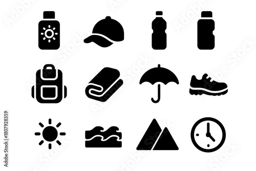 Outdoor Safety Icons. Outdoor activity safety. Solid icon set of Outdoor activity safety: sunscreen, cap, sunglasses, water bottle, backpack, towel, umbrella,