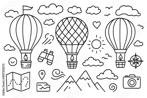 Hot Air Balloon Adventure. Hot air balloons. Hand-drawn doodle illustration Hot air balloons balloon, basket, flame burner, ropes, clouds, sun,