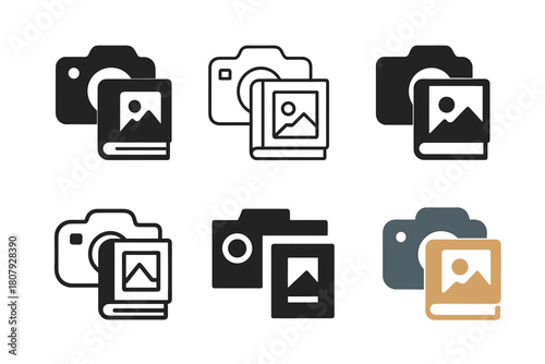 Family Album Icons. Creating family photo albums and scrapbooks. Icon set. Set Logo of creating family photo albums and scrapbooks: open photo album with