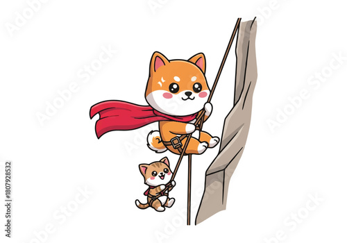 A cartoon orange cat in a superhero cape climbing a wall with a smaller kitten.