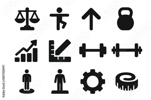 Balance Assessment Icons. Balance assessment. Solid icon set of Balance assessment: scale, balance, arrow, weight, chart, ruler, dumbbell, barbell, platform,