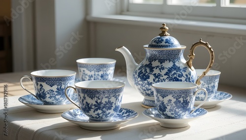   “Classic Isfahan-inspired Iranian tea set, blue-and-white hand-painted patterns, delicate porcelain cups, ornate teapot, detailed floral line art, set on a simple linen cloth, bright natural window 