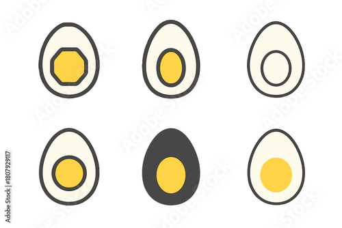 Boiled Egg Logos. Boiled eggs. Icon set. Set Logo of Boiled eggs: Whole boiled egg. harmonious logo variations of the same emblematic concept, each with