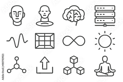 Virtual Consciousness Icons. Virtual consciousness. Line icon set of virtual consciousness: avatar face, floating hologram, brain in cloud, server rack, data