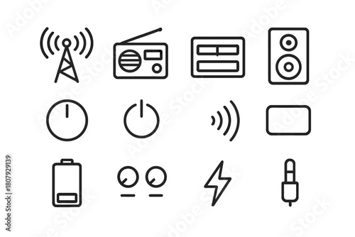Radio Station Icons. Radio station. Line icon set of radio station: antenna, radio, speaker, tuning dial, volume knob, power button, signal waves, display