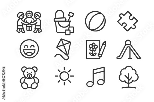 Children's Playtime Icons. Group playtime. Line icon set of group playtime: circle of kids, toys, ball, puzzle, laughter, kite, drawing, slide, teddy bear,