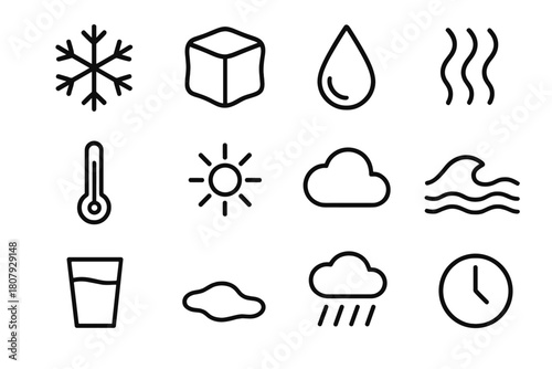 Water States Icons. States of Water. Line icon set of States of Water: snowflake, ice cube, droplet, steam, thermometer, sun, cloud, wave, glass, puddle, rain,