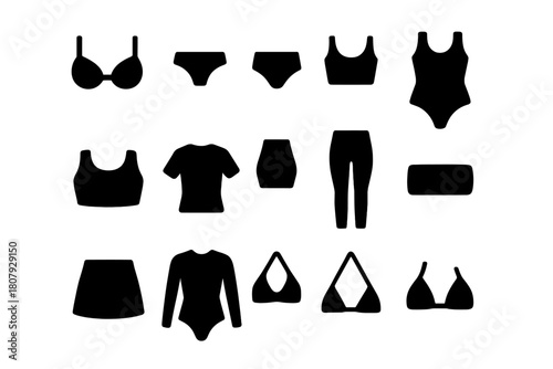 Seamless Swimwear Icons. Seamless Swimwear. Solid icon set of Seamless Swimwear: bikini top, bikini bottom, one piece suit, high waist bottom, swim bra, rash