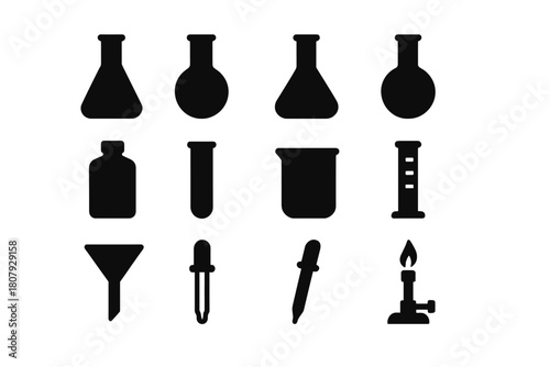 Chemistry Lab Icons. Chemistry Lab Tools. Solid icon set of Chemistry Lab Tools: Erlenmeyer flask, round-bottom flask, volumetric flask, Florence flask,