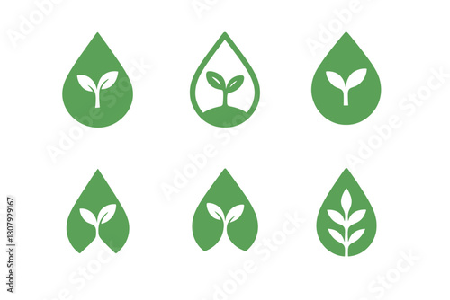 Eco Cleaning Icons. Using Eco-Friendly Cleaning Products. Icon set. Set Logo of Eco Cleaning: spray bottle with leaf symbol. harmonious logo variations of the