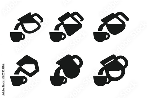 Coffee Pot Icons. Preparing a warm drink. Icon set. Set Logo of Coffee Pot: Pouring hot coffee. Stylized detail, Iconic shape, Minimal outline,