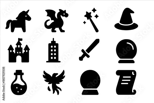 Fantasy City Icons. Fantasy in City Life. Solid icon set of Fantasy in City Life: unicorn, dragon, magic wand, wizard hat, castle, skyscraper, sword, shield,