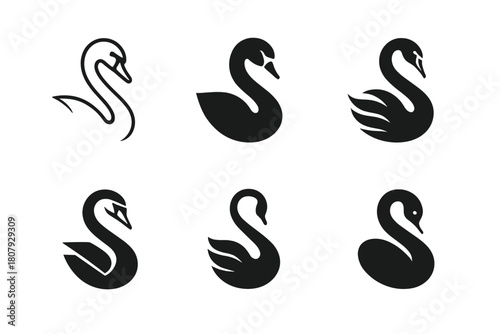 Elegant Swan Logos. Swans. Icon set. Set Logo of swans: elegant swan silhouette gliding on rippling water. harmonious logo variations of the same emblematic