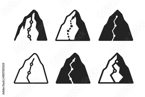 Ice Climbing Icon Set. Ice climbing. Icon set. Set Logo of ice climbing: climber ascending a frozen waterfall. harmonious logo variations of the same