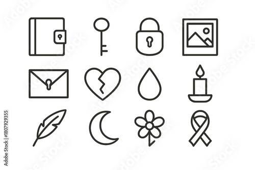 Hidden Memories Icon Set. Hidden memories. Line icon set of hidden memories: old diary, key, lock, photo, envelope, heart, tear, candle, feather, moon, flower,