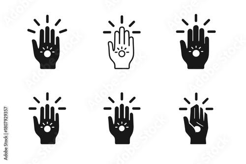 Bioluminescent Hand Logos. Bioluminescence and human applications. Icon set. Set Logo of Bioluminescence: human hand glowing with bio-light. harmonious logo