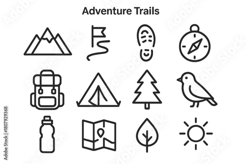 Adventure Icon Set. Adventure Travel. Solid icon set of Adventure Travel: backpack, compass, map, mountain, rope, hiking boots, river, tent, flashlight,