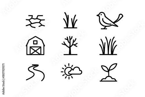 Derelict Fields Icons. Derelict Fields. Line icon set of Derelict Fields: cracked ground, weeds, broken fence, bird, barn, tree, grass, plow, path, sun, cloud,