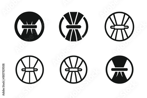 Curtain Tieback Icons. Curtain tieback. Icon set. Set Logo of curtain tieback: crystal knob medallion. harmonious logo variations of the same emblematic