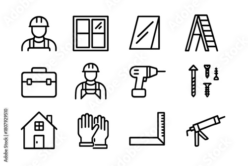 Window Installer Icons. Window Installers Working on Building Exteriors. Line icon set of Window Installers Working on Building Exteriors: worker with helmet,