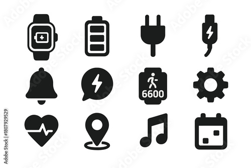 Battery Icon Set. Battery & charging. Solid icon set of Battery & charging: smartwatch, battery, plug, charging cable, alarm, notifications, step counter,