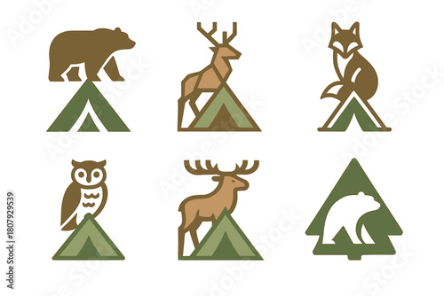 Camping Adventure Logos. Group camping adventures. Icon set. Set Logo of group camping adventures: canoes by a lakeside camp with mountains. harmonious logo