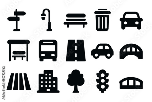 City Infrastructure Icons. City infrastructure. Line icon set of City infrastructure: road, bridge, traffic light, skyscraper, apartment building, house,