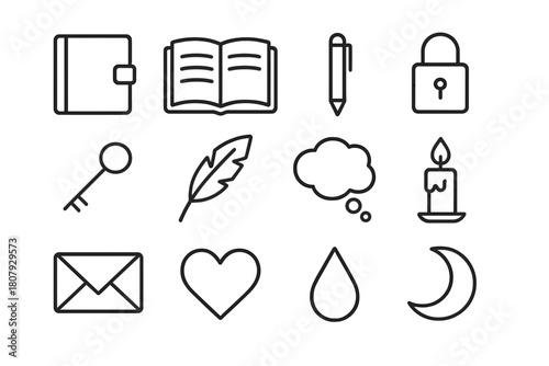 Unshared Thoughts Icons. Journal full of unshared thoughts. Line icon set of journal full of unshared thoughts: closed notebook, open diary, pen, lock, key,