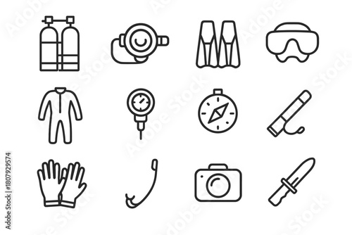 Diving Gear Icons. Diving equipment. Line icon set of diving equipment: oxygen tank, regulator, flippers, diving mask, wetsuit, pressure gauge, compass,