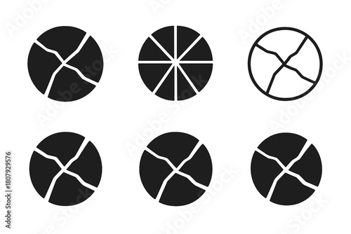 Broken Unity Logos. Crushed spirit. Icon set. Set Logo of crushed spirit: shattered circle symbolizing broken unity. harmonious logo variations of the same