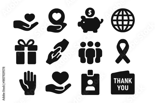 Philanthropy Icons Set. Philanthropy and charity. Solid icon set of Philanthropy and charity: donation hand, heart coin, money box, globe, gift, helping hands,