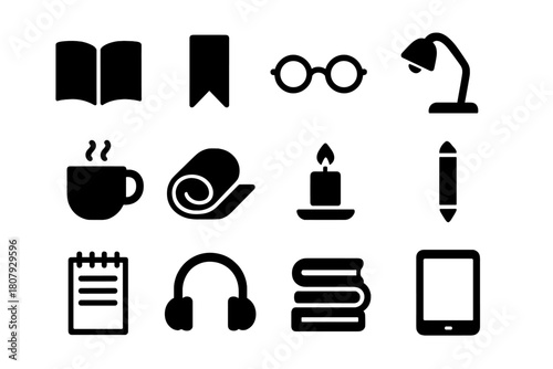 Reading Essentials Icons. Reading essentials. Solid icon set of Reading essentials: open book, bookmark, glasses, reading lamp, tea mug, blanket, candle,