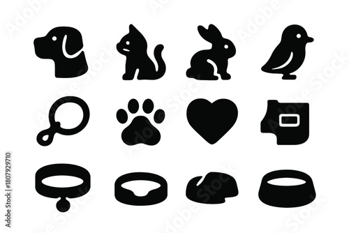 Companion Animals Icons. Companion Animals. Solid icon set of Companion Animals: dog, cat, rabbit, bird, hamster, leash, paw print, heart symbol, therapy vest,
