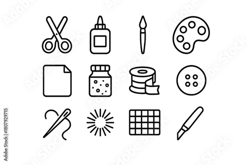 Craft Tools Icons. Craft workshops. Line icon set of craft workshops: scissors, glue, paper, yarn, knitting needles, needle, thread, sewing machine, ruler,