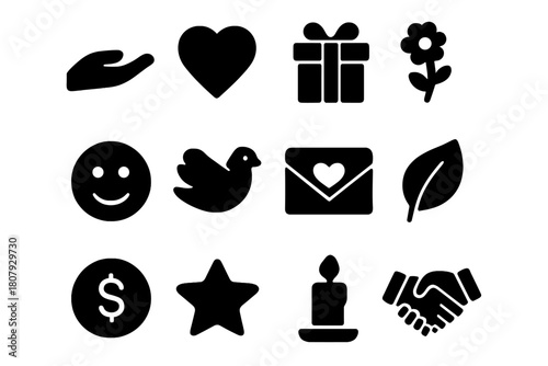 Symbols of Kindness. Acts of kindness. Solid icon set of acts of kindness: hand, heart, gift, flower, smile, dove, envelope, leaf, coin, star,