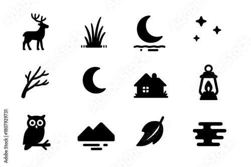 Evening Nature Icons. Evening Nature. Solid icon set of Evening Nature: deer silhouette, tall grass, lake reflection, stars, tree branches, crescent moon,