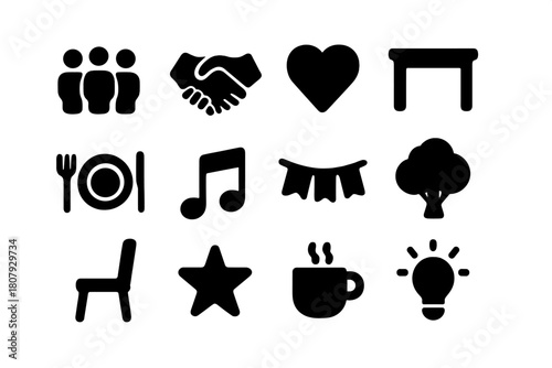 Community Icons Set. Community support. Solid icon set of community support: people group, heart, handshake, home, lightbulb, donation box, hands together,