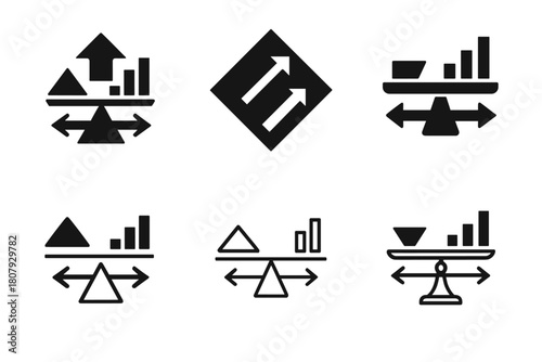 Investment Balance Logos. balance in financial investments. Icon set. Set Logo of balance in financial investments: balanced arrows between risk and return.