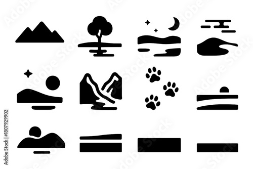 Remote Beauty Icons. Remote Beauty. Solid icon set of Remote Beauty: distant mountains, reflection pond, lone tree, moonlit snow, stars, tundra ridge, cold