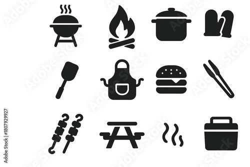 Outdoor Cooking Icons. Cooking outdoors. Solid icon set of cooking outdoors: grill, fire, pot, spatula, apron, gloves, skewers, burger, tongs, smoke, picnic