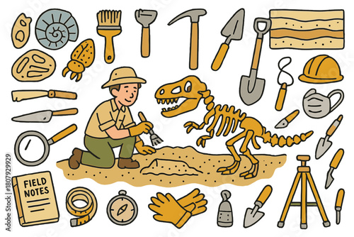 Paleontology Doodles. Fossil discovery. Hand-drawn doodle illustration paleontologist (colored), dinosaur skeleton (colored), fossils (colored), excavation
