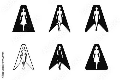 Model Motion Logos. model in motion. Icon set. Set Logo of model in motion: runway spotlight and figure. harmonious logo variations of the same emblematic