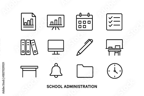 School Administration Icons. School administration. Line icon set of School administration: report, chart, calendar, checklist, files, computer, pen,