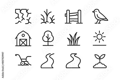 Derelict Fields Icons. Derelict Fields. Line icon set of Derelict Fields: cracked ground, weeds, broken fence, bird, barn, tree, grass, plow, path, sun, cloud,