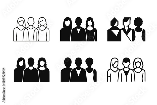 Fashion Diversity Icons. Diversity in fashion. Icon set. Set Logo of diversity in fashion: mannequin figures of various shapes and patterns. harmonious logo