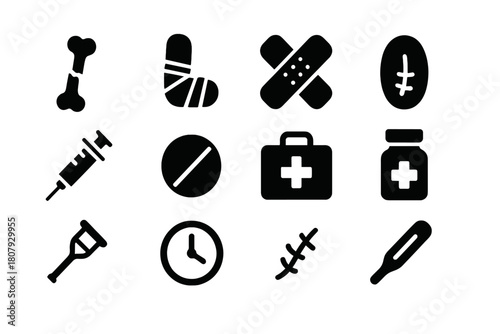 Medical Recovery Icons. Medical recovery. Solid icon set of Medical recovery: broken bone, cast, bandage, wound, syringe, pill, first aid kit, medicine bottle,