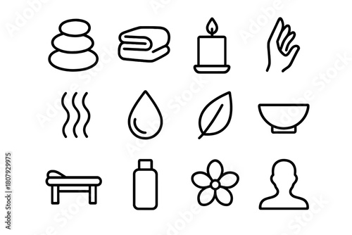 Hot Stone Therapy Icons. Hot Stone Therapy. Line icon set of Hot Stone Therapy: stones, towel, candle, hand, steam line, droplet, leaf, bowl, massage bed,