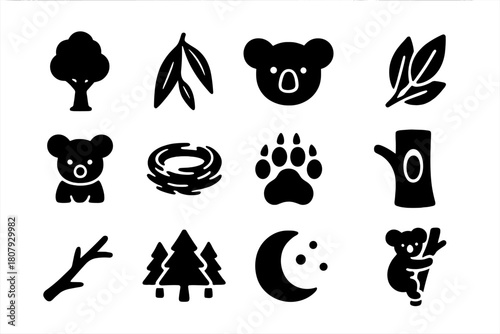 Forest Icon Set. Forest sanctuary. Solid icon set of Forest sanctuary: tree, sunbeam, branch, leaf, forest, bird, butterfly, mushroom, squirrel, grass, path,