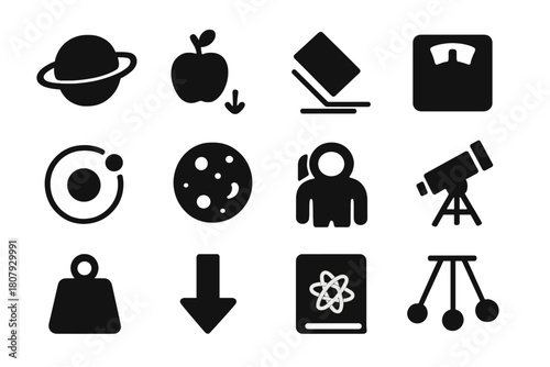 Gravity Icon Set. The concept of gravity. Icon set. Set Logo of gravity: mass attracting smaller bodies. harmonious logo variations of the same emblematic
